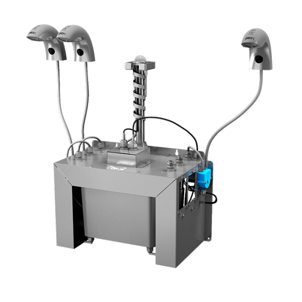Set of 3 pcs. automatic washbasin taps for cold or premixed water, with integrated automatic soap dispenser, 6 l central soap canister, 230 V AC