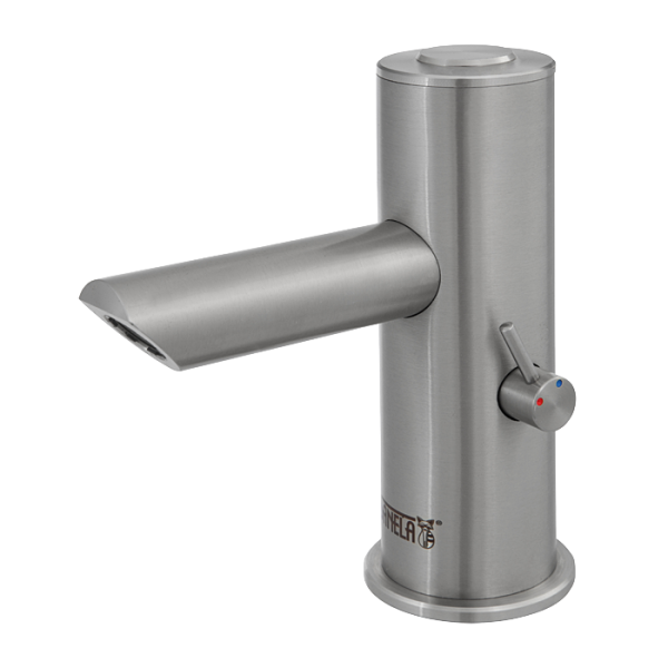 Piezo stainless steel washbasin tap with mixer, longer outlet arm, 6 V