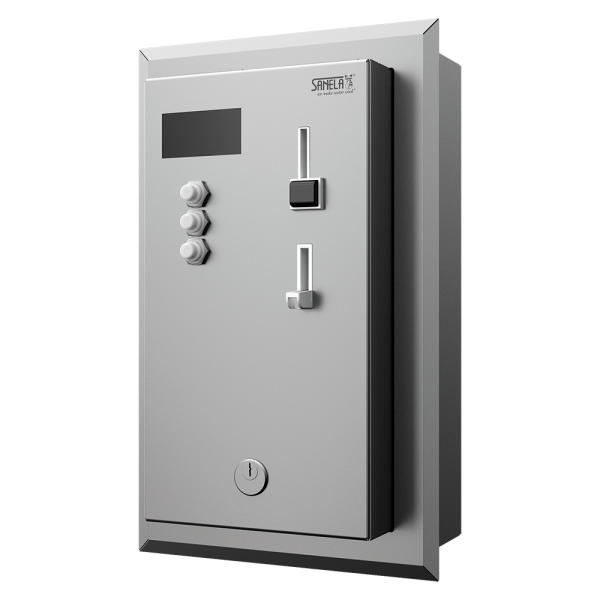 Recessed coin and token shower timer for one to three showers, 24 V DC, choice of shower by the machine, interactive control