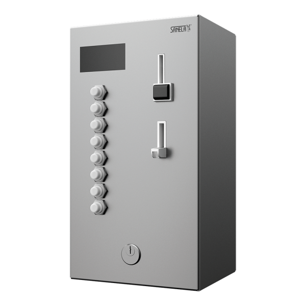 Coin and token shower timer for four to eight showers, 24 V DC, choice of shower by the user, interactive control